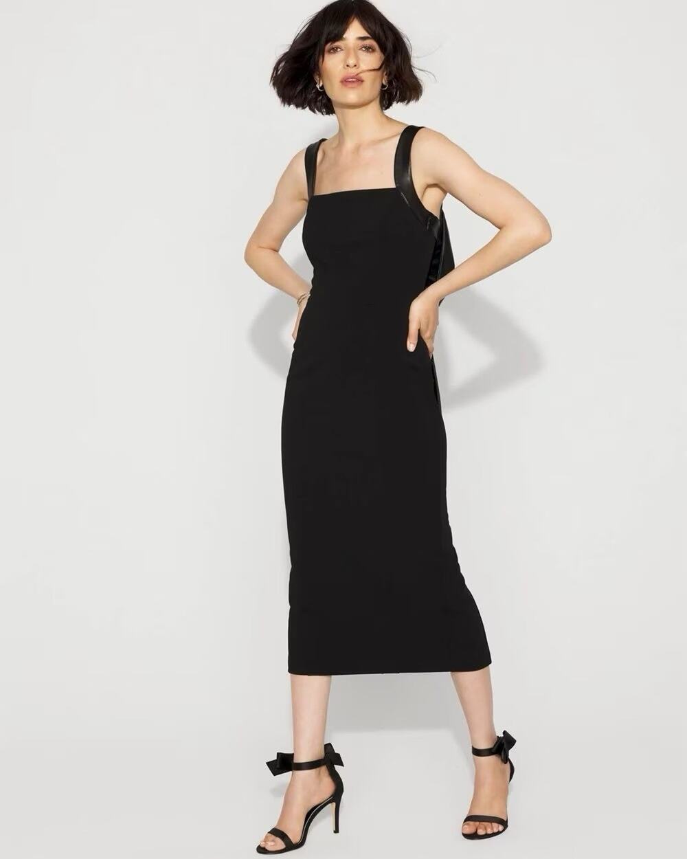 NWT WHBM Women's Crepe Faux Leather Bow MIDI Dress Black Size 14 Sleeveless New